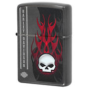 Зажигалка Zippo 28618 Harley Davidson Skull Flames Gray Dusk (тонированный хром с микроцарапинами, рисунок черепа и пламени. логотип)